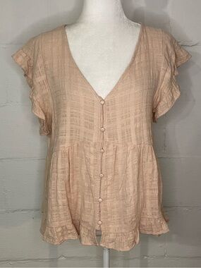 Light Peach Button-Front V-Neck Ruffle Sleeve Blouse